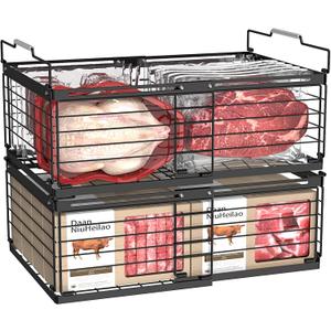 NADAMOO Freezer Organizer Bins, 2 Pack Large Expandable Stackable Chest Freezer Containers with Handle, Metal Adjustable Storage Baskets for Fridge, Deep Freezer, Cabinet, Kitchen, Pantry - Black