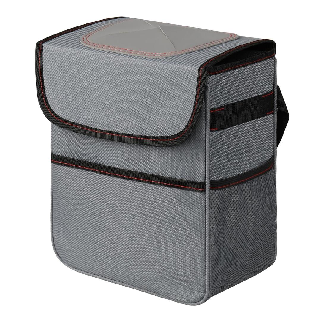 Simple Deluxe Car Trash Can, Multipurpose Bin with Lid and Storage Pockets, Collapsible Adjustable Straps and Portable Organizer, 2 Gallon, Grey
