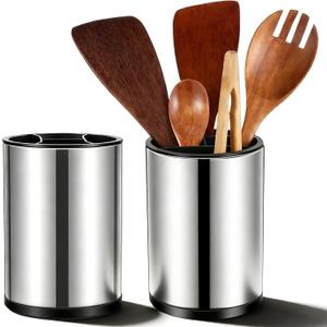 2 Pack 360 Rotating Stainless Steel Utensil Holder for Countertop, 4-Compartment Kitchen Organizer with Non-Slip Base, Large Capacity Spoon Fork Knife Crock for Cooking Tools Storage