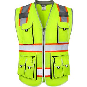 JKSafety 10 Pockets Class 2 Hi-Vis Zipper Front Yellow Safety Vest | Cushioned Collar | High Reflective Tapes with Extended Neon Orange Strips | Meets ANSI/ISEA Standards (X-Large, 89-Yellow)