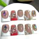 10Pcs Short Duck Press on Nails Handmade Fake Nails with Glitter Rhinestone Snowflake Design 3D Flower False Nails French Tip Duck Nails Press ons Multi-Layer Acrylic Stick on Nail for Women (S)