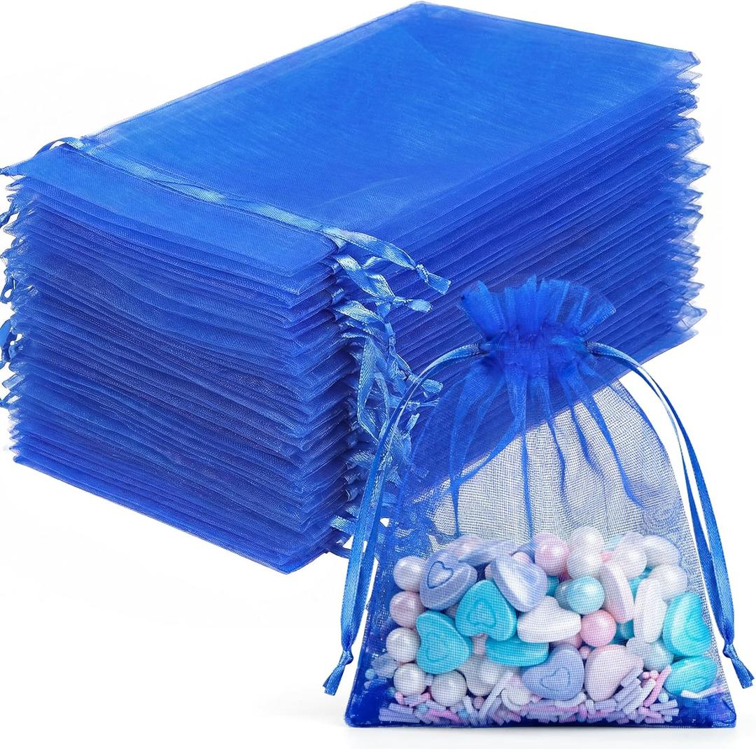 FUNFERY 100 Pcs Royal Blue Organza Bags 3x4 in, Small Mesh Drawstring Gift Bags for Sachet, Jewelry, Candy, Wedding Favor