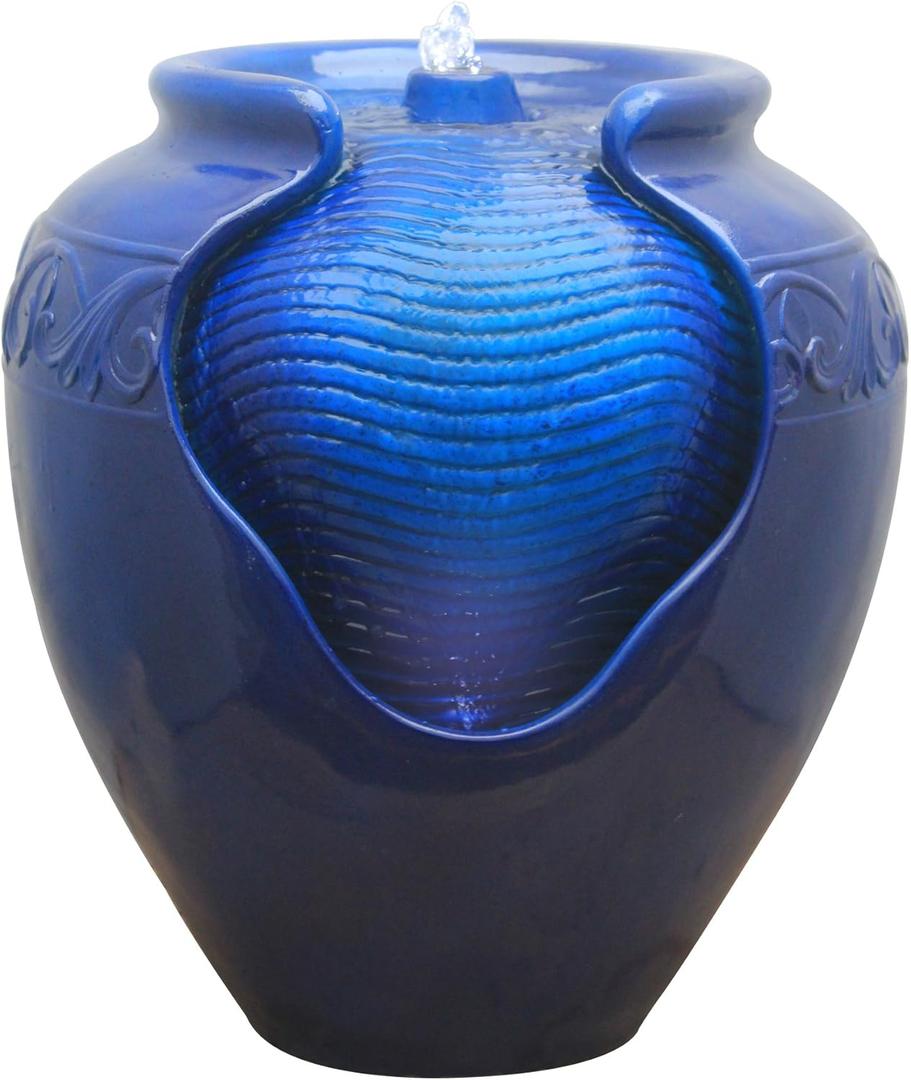 Teamson Home 16.96 in. Outdoor Glazed Pot Water Fountain with LED Lights, Built-in Pump to Create a Calming Oasis in Gardens, Landscaping, Patios, Balconies, Lawns, Royal Blue (17")