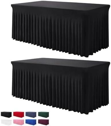 BDDC Table Skirts for Rectangle Tables 8ft - 2 Pack One-Piece Black Tablecloths and Skirt, Wrinkle Resistant Ruffles Elastic Cover for Banquets, Weddings, Events, Parties