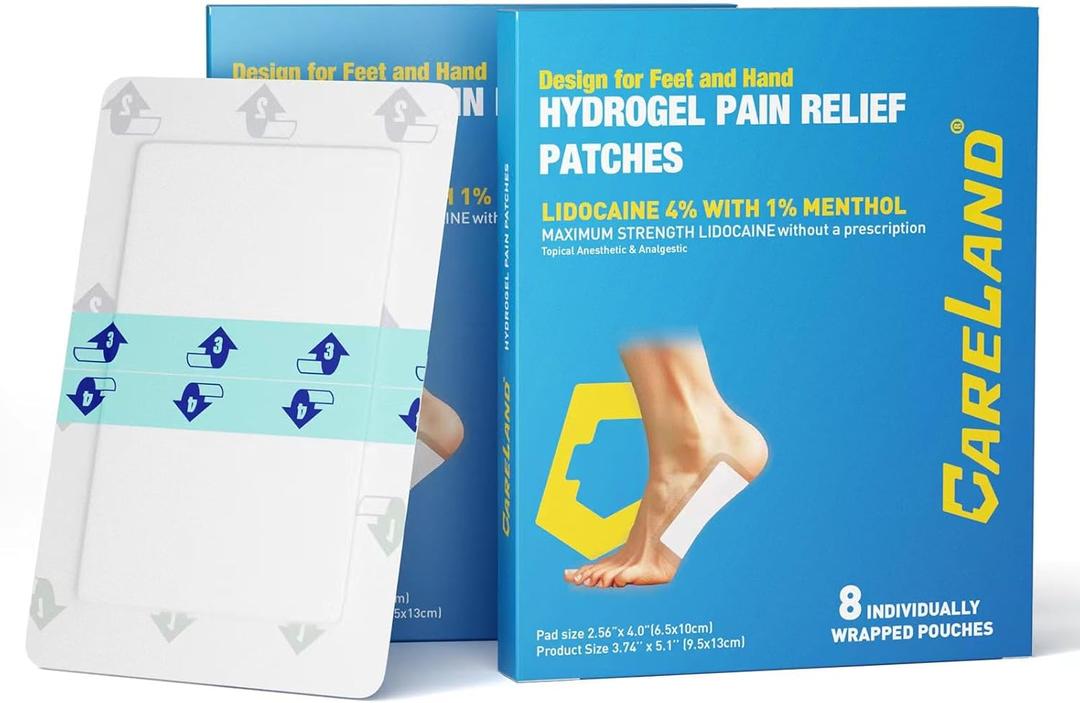 CARELAND Plantar Fasciitis Lidocaine Pain Patches with Hydrogel Technology- Waterproof with Sticky Border, 12 Hour Pain Relief - Contours to Your Foot - 16 Ct​