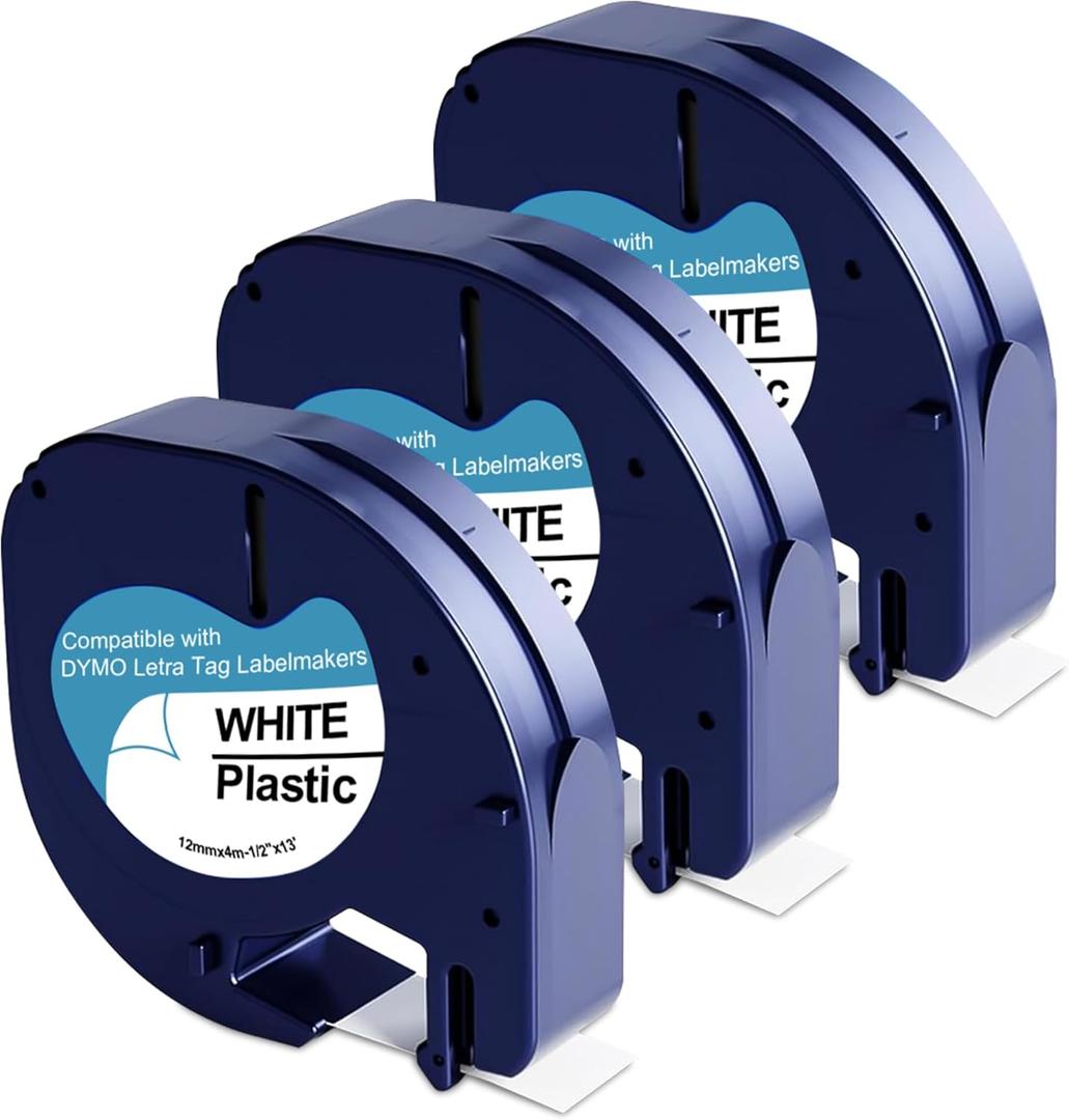3-Pack 91331 Plastic White Label Tape Replacement for Dymo Letratag Refills 12mm x 4m 1/2 Inch x 13 Feet Work with DYMO LetraTag LT-100H LT-100T QX50 Label Makers