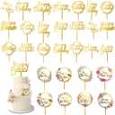 32 PCS Gold Happy Birthday Cake Toppers Flower Acrylic Birthday Cake Topper Cake Pick Decorations (Gold)