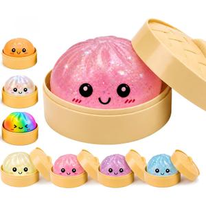 Glitter Pink Mystery Dumpling Squishies with Steamer Box, Soft Stretchy Bao Bun Stress Relief Balls, Sensory Fidget Squeeze Toys for Anxiety Relief, Decompression Desk Toys