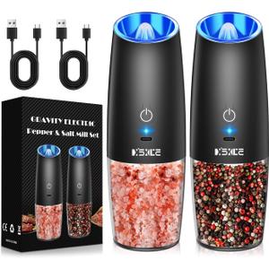 Rechargeable Pepper and Salt Grinder Set, with Gravity Sensing Switch and LED Light, One Hand Automatic Operation -Black/2 Pack