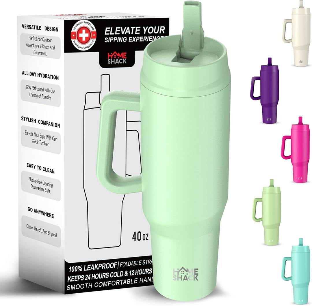 40 oz Tumbler with Handle and Foldable Straw Lid - Leakproof Insulated Stainless Steel Water Bottle - Hot & Cold Beverage Travel Mug - Reusable Iced Coffee Cup - Cupholder Friendly - Gift (Mint)