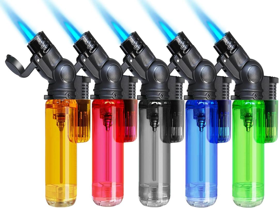 5 Pack Torch Lighter Mini Refillable Butane Lighters Single Jet Flame 45 Rotatable Torch Lighters Windproof Adjustable Butane Gas Lighter for Candle Camping Fireplace Party BBQ Grill(Without Fuel) (Long Body)