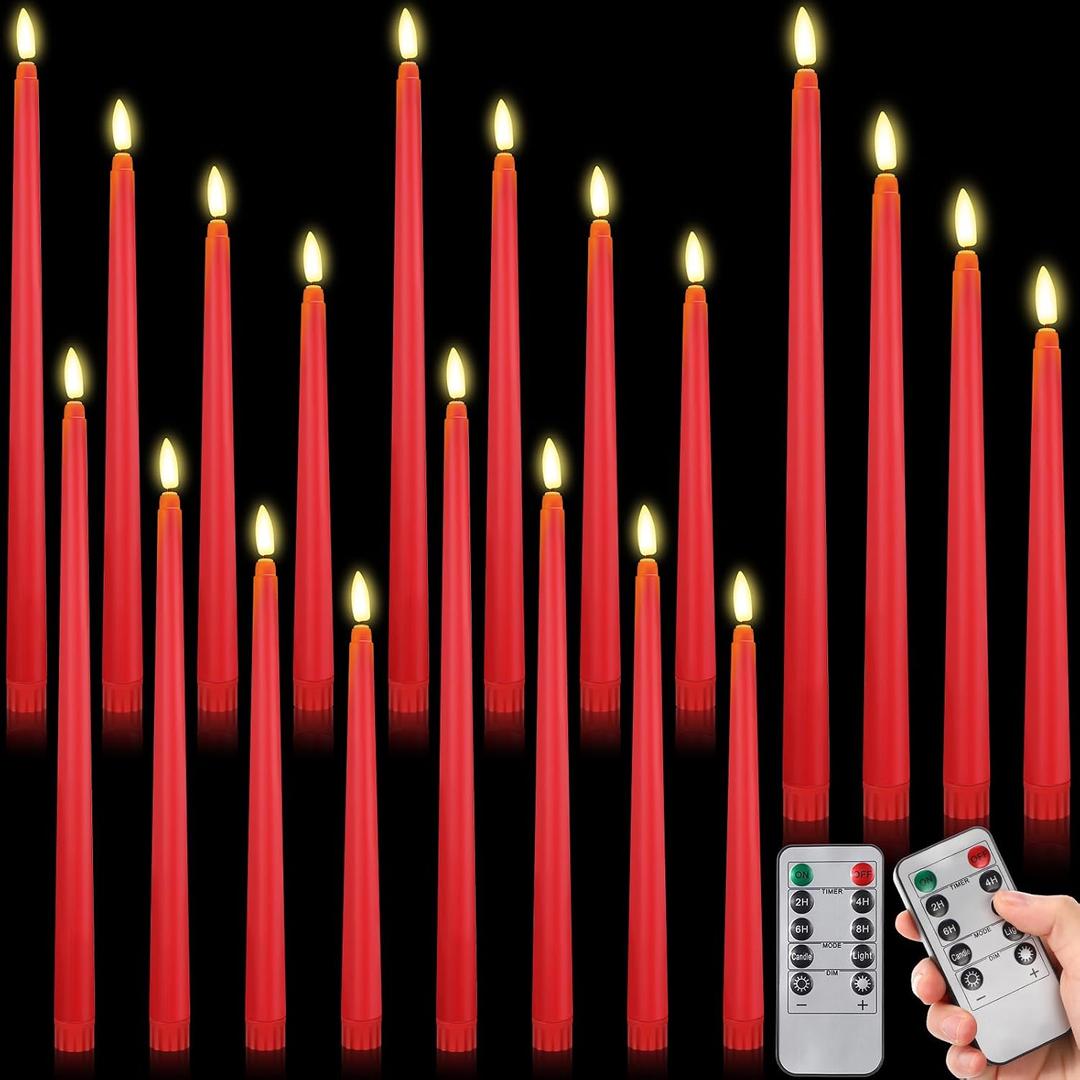 Rossesay 16 Pcs Red Flameless Taper Candles Battery Operated Candles with Remote Timer 8.5" 9.6" 10.8" 12.8" Multiple Sizes Red LED Flickering Candlestick for Wedding Centerpieces Party Decor