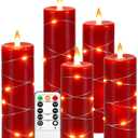 Red Flameless Candle Fairy String Lights, Premium LED Flickering Flame Simulation, LED Candle with Remote & Timed, 5 Cell Battery Powered, Christmas Candle
