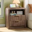 Decofy Fluted Nightstand with Charging Station, 19.7'' Wide Morden End Table with USB/ Type-C Ports, 2 Drawers & Open Shelf, Curved Profile Design, Wood Bedside Table for Bedroom (Walnut)