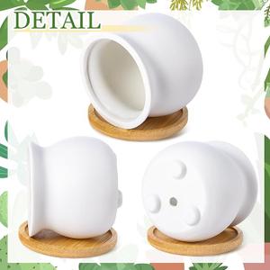 Remerry 3 Pcs 3.5 Inch Mini Succulent Pots with Bamboo Tray White Ceramic Pots Color Your Own DIY Small Planters Containers for Flower Cactus with Drainage Hole for Plant Lover