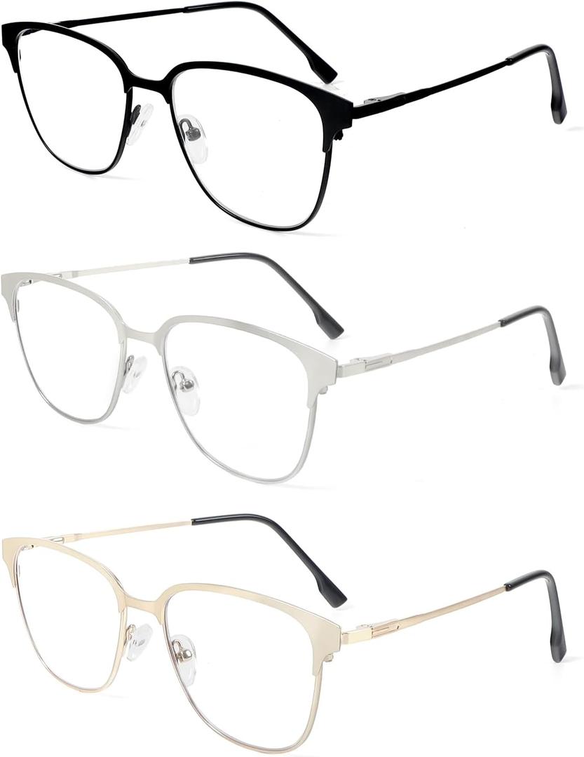 MMOWW 3 Pack Square Blue Light Blocking Reading Glasses Metal Frame Spring Hinges Computer Readers for Men Women (Black/Gold/Silver)