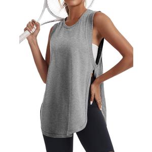 Tankaneo Womens Side Slit Workout Tank Tops Cotton Sleeveless T Shirts Oversized Summer Casual Yoga Gym Tees (Large, Grey)