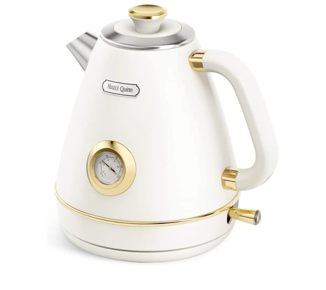 Hazel Quinn Retro Electric Kettle - 1.7 Liters / 57.5 Ounces Tea Kettle with Thermometer, All Stainless Steel, 1200 Watts Fast Boiling, BPA-free, Cordless, Automatic Shut Off - Pearl White