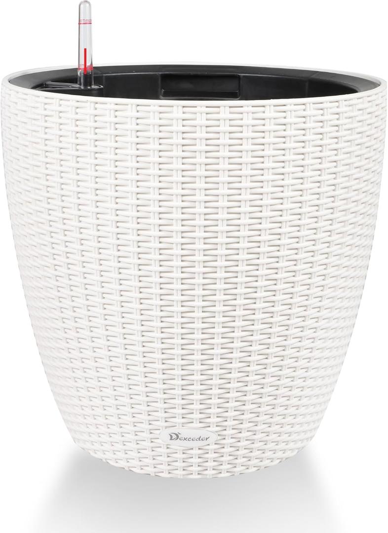 Dexceder 18x17 Inches Rattan Self Watering Planter Indoor Outdoor, Inner Pot Design, Thickened Table Flower Plant Pot with Water Level Indicator (Ivory White)