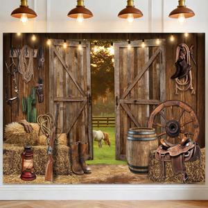 8x6FT Western Cowboy Backdrop, Wild West Rustic Barn Backdrop, Western Theme Photography Background for Adults Kids Birthday Party Decorations Supplies, Polyester Fabric