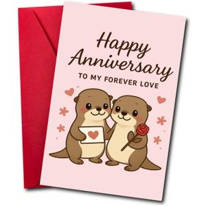 3 x Cute Otter Anniversary Card to Husband Wife Couple | Happy Anniversary Decorations Gifts for Women Men Him Her Pink Otter Half Card (HA05)
