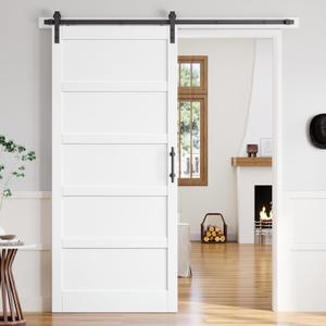 42x96 Inch White Sliding Barn Door Slab with 7ft Hardware Kit Included, 5-Panel, MDF Wood Panel Covered with Water-Proof Scratch-Proof PVC Surface, Simple DIY Assembly