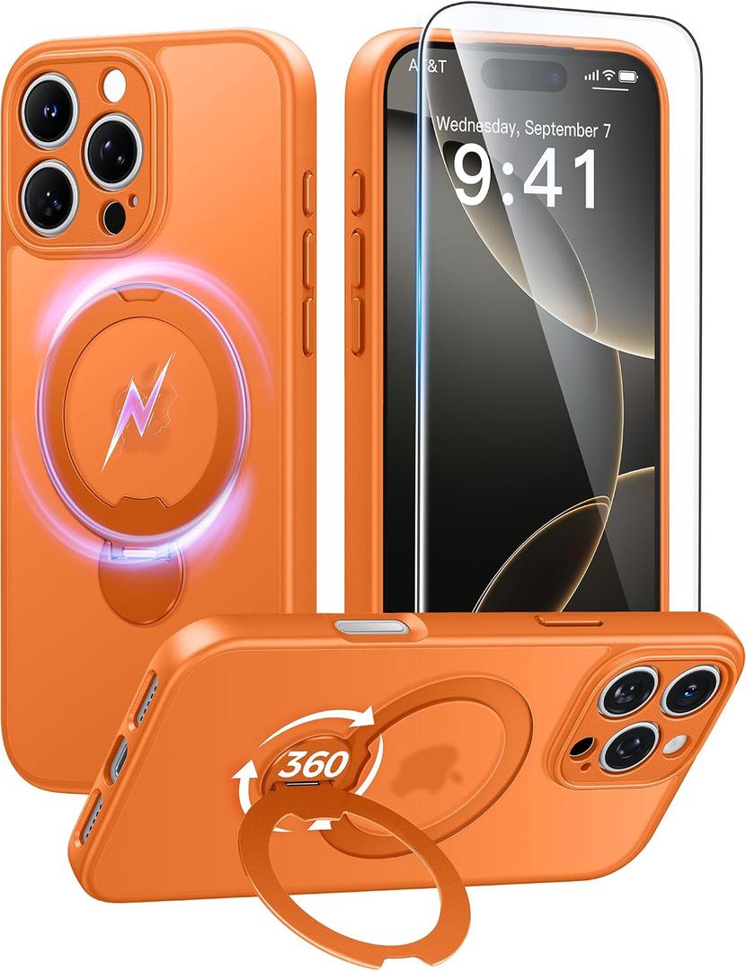 FNTCASE for iPhone 16 Pro-Max Case: [360 Spin Magnetic Stand] [Compatible with Magsafe] [Screen Protector] Translucent Matte Military Grade Shockproof Full Camera Protective Phone Cover - Orange