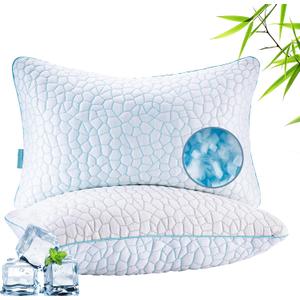 Reversible Soft & Cooling Bed Pillow for Sleeping Set of 2, Queen Cozy Bamboo Rayon Pillow for Side, Back & Stomach Sleepers, PE Cooling Adjustable Shredded Memory Foam Pillows 20"*30"