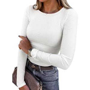 ANRABESS Women Long Sleeve Shirts Rib Knit Slim Fit Tops Basic Tee Spring Outfits Casual T-Shirt Underscrubs Layer Clothes (White, M)