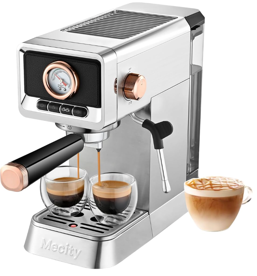 Mecity 20 Bar Espresso Machine with Milk Frother, Brushed Stainless Steel Shell, 37 fl.Oz Water Reservoir, Coffee Maker For Espresso, Latte, Mocha, Americano. 1400W