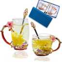 Tea Cup Glass Coffee Mugs,Fancy Tea Cup Set Birthday Christmas Valentine's Day Gift Idea for Tea Lover and Women Novelty Coffee Mugs Lily Flower Enamel Tea Cup with Spoon (Pink)