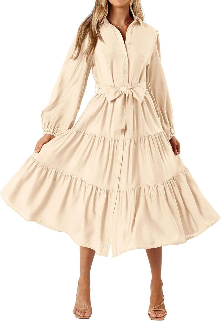 MASCOMODA Women's Dresses 2025 Fall Long Sleeve Midi Dress Casual V Neck Button Down Tiered Flowy Aline Tie Waist Shirt Dress (Medium, Beige)