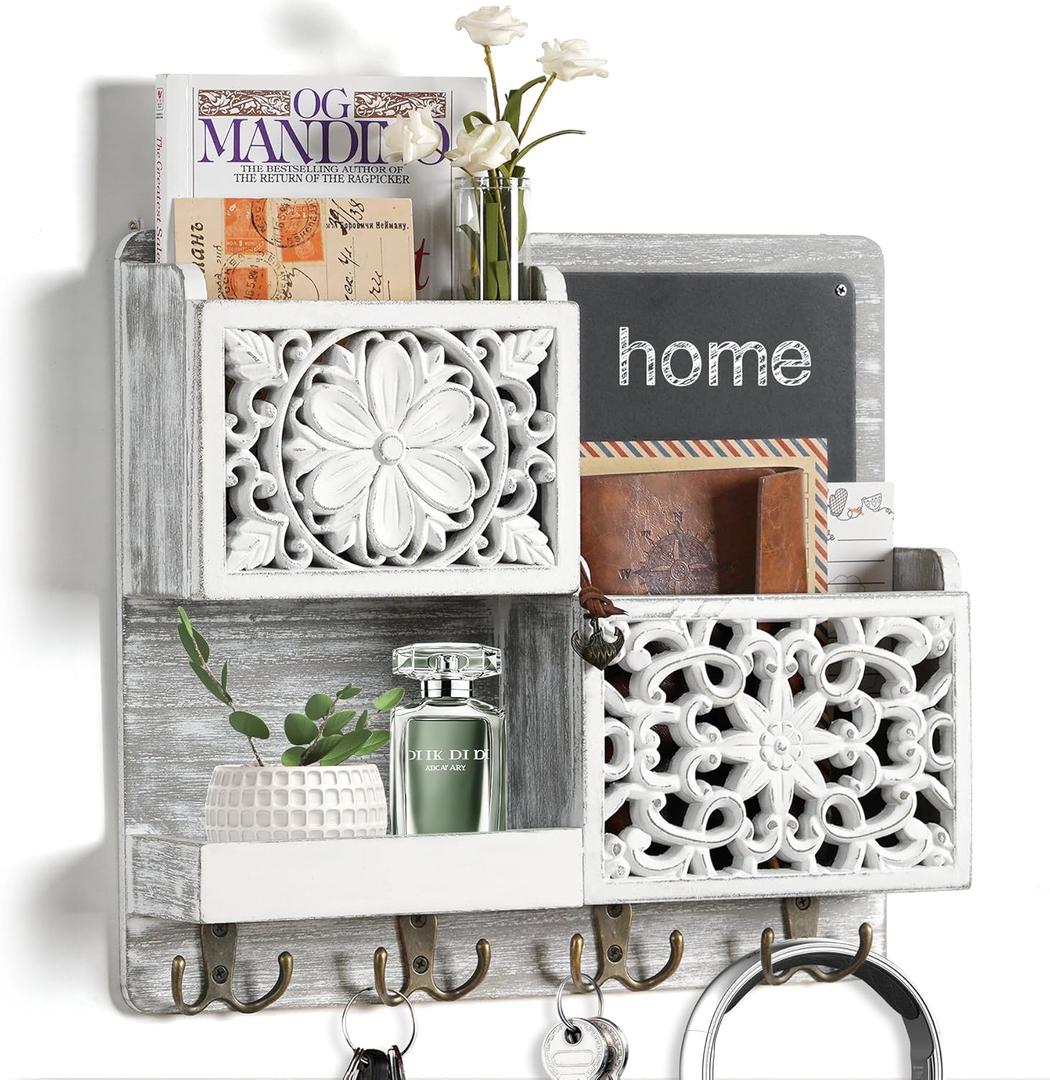 Mail Organizer Wall Mounted, 2 Slots Key Holder for Wall with 8 Hooks, Rustic Wood Key Rack with Shelf for Entryway Hallwall Farmhouse (3 slots+ chalkboard)