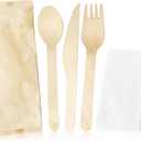 Bulk Heavy Weight 200pcs - 50 Sets - Cutlery Individually Wrapped Natural Wooden Cutlery Knife, Spoon, Fork Pack and Napkin - Extra Strong & Extra Resistant/Eco-friendly