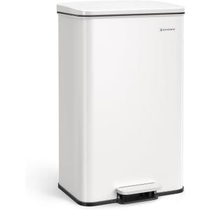 SONGMICS Kitchen Trash Can, 10.5 Gallon (40 L) Garbage Can, Large Step Trash Bin with Lid, Stainless Steel, Soft Close, 15 Trash Bags Included, White ULTB540W40