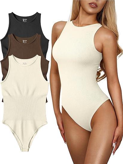 OQQ Women's 3 Piece Bodysuits Sexy Ribbed One Piece Sleeveless Halter Neck Tops Leotard Summer Trendy, Large