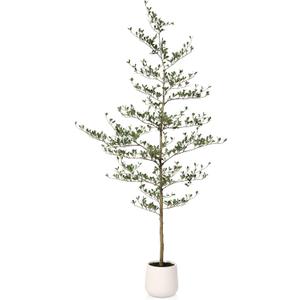 Artificial Black Olive Tree 7FT - Faux Olive Trees with Modern White Planter & Moss for Indoor Home Decor - UV Resistant Potted Tall Fake Plants for Living Room Office Porch Outdoor, VN124