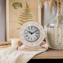 NIKKY HOME Hand Carved Wood Table Clock, Shelf Desk Top Clock Battery Operated Boho Design, Vintage Home Decor for Fireplace Mantel, Desktop, Countertop, Distressed White