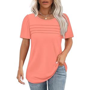 OFEEFAN Womens T Shirts Short Sleeve Tops Dressy Casual Blouses Spring Summer Outfits Flowy Pleated Front Scooped Neck (Small, 2-Coral)