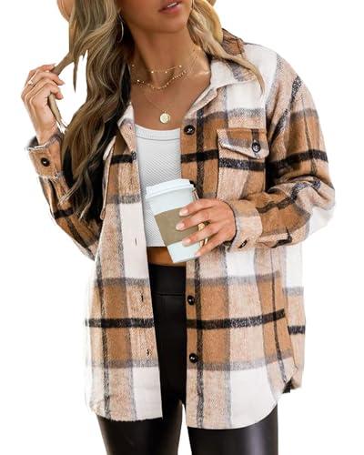 Blansdi Womens Flannel Shacket Plaid Button Down Long Sleeve Shirts Jacket Coats Fall Outfits Fashion Clothes 2025 Apricot M