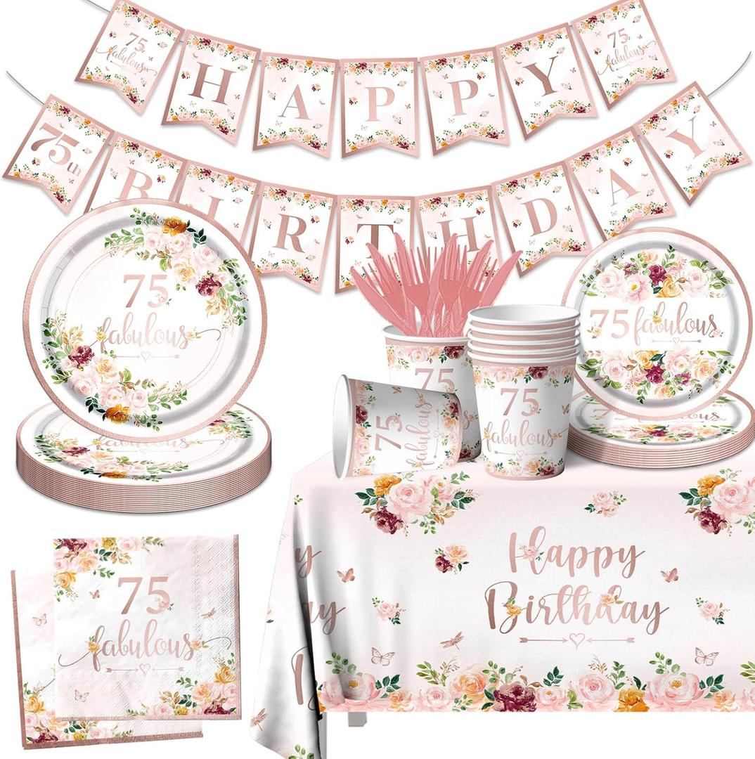 75 Fabulous Party Supplies - Rose Gold Party Decorations 75th Birthday Tableware Set Plates,Napkins,Tablecloth Rose Gold Floral Table Decoration for Men Women Birthday,75 Fabulous Decorations