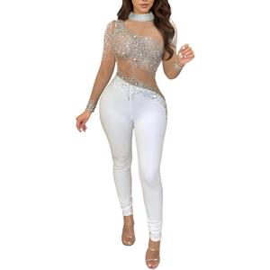 Women Sexy Embellished Rhinestone Bodycon Jumpsuit Mesh See Through Patchwork Birthday Party Night Out Clubwear (XX-Large, A 8 Beige)
