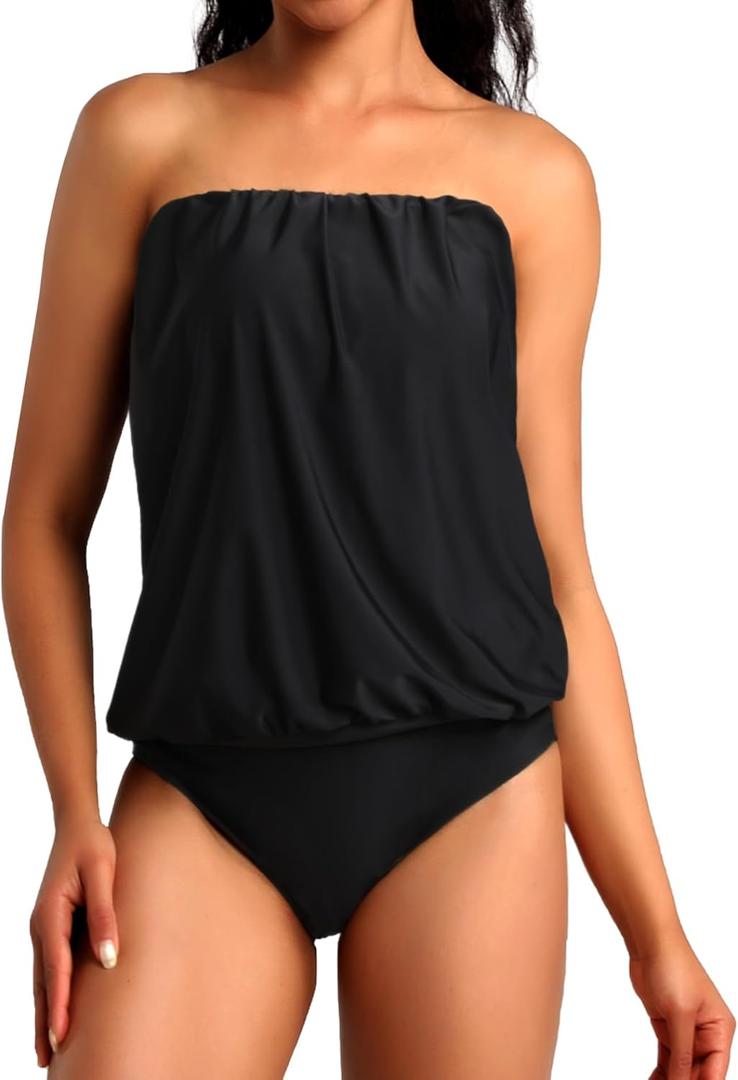 Two Piece Bandeau Tankini Swimsuits for Women Loose Blouson Swim Top with Bikini Bottom Tummy Control Bathing Suits (X-Large, Black 01)