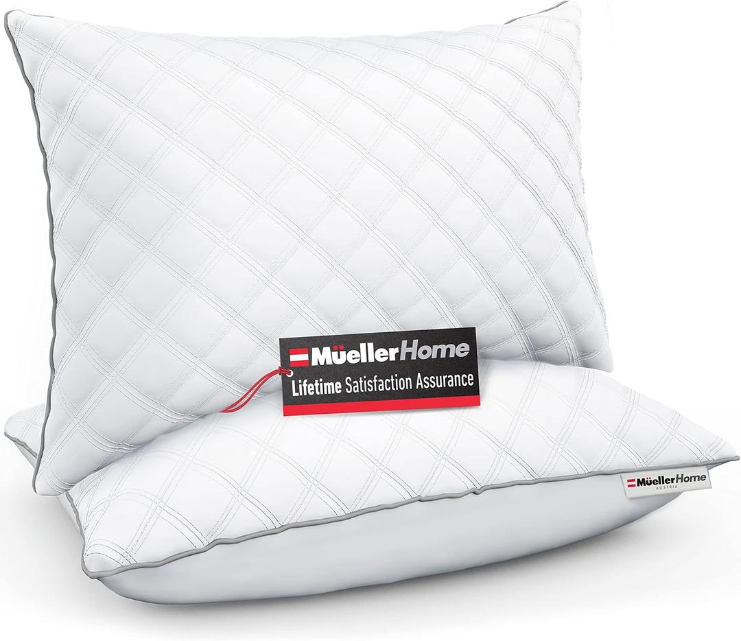 MÜELLERHOME Hotel Collection Pillows for Side Sleepers, Back Stomach Sleepers, European Made, Cooling Gel Pillows Queen Size Set of 2