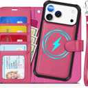 TUCCH 2-in-1 Removable Wallet Case for iPhone 17 Pro Max (6.9-inch) 2025, Wireless Charging | RFID Blocking 4 Card Slots | Wrist Strap | Kickstand | Magnetic | PU Leather | Protective Cover | Hot Pink