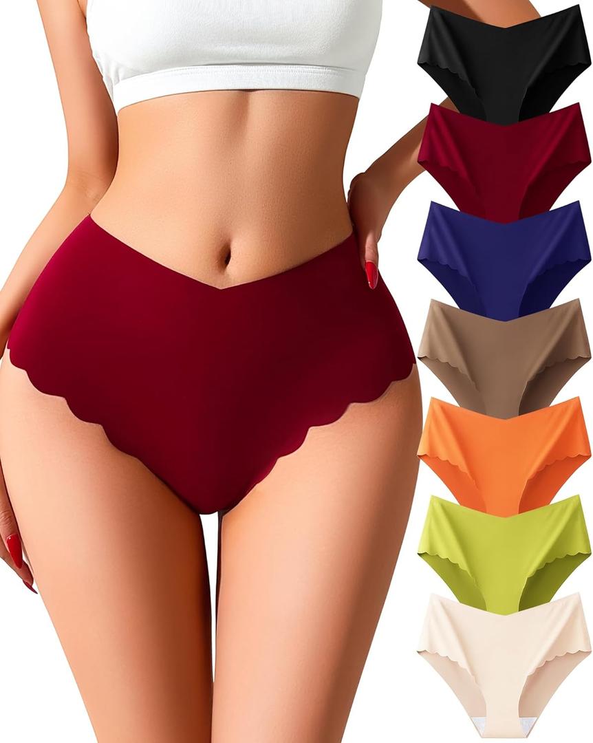 Seamless Underwear for Women High Waisted No Show Panties Ladies Sexy High Cut Cheeky Bikini Tagless Stretch V-Waist (Multicolored-7pack-a)