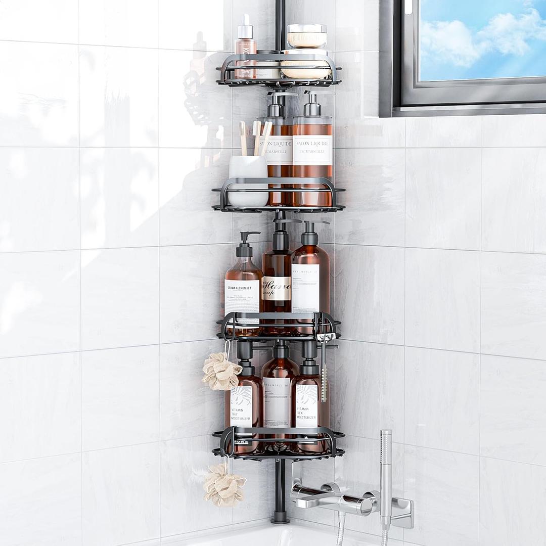 LAMU Corner Shower Caddy Tension Pole, Adjustable 4-Tier Shower Caddy, Fits 29-100 Inch Heights, Tension Pole with Adhesive Clamp, 4 Hooks, Rustproof Steel, Black