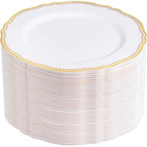 Hioasis 60pcs Plastic Plates - White & Gold Trim - 10.25 inch Disposable Dinner Plates Perfect for Wedding & Party (10.25inch, White and Gold)
