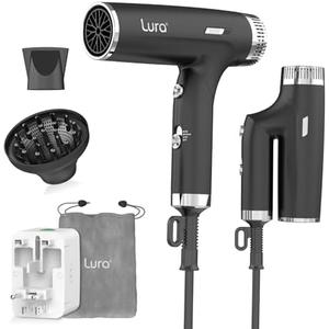 LURA Auto Dual Voltage Hair Dryer for International Travel,Travel HairDryers with Difffuser,Small Portable Blow Dryer for Women Lightweight,Compact Mini Blowdryers with Folding Hand for Kids(Black)