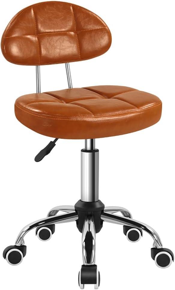 BFTOU Square Minimalist Swivel Stool with Wheel for Work SPA Shop Massage Height-Adjustable and Cost-Effective Rolling Stool Chair with Back (Orange-Brown)